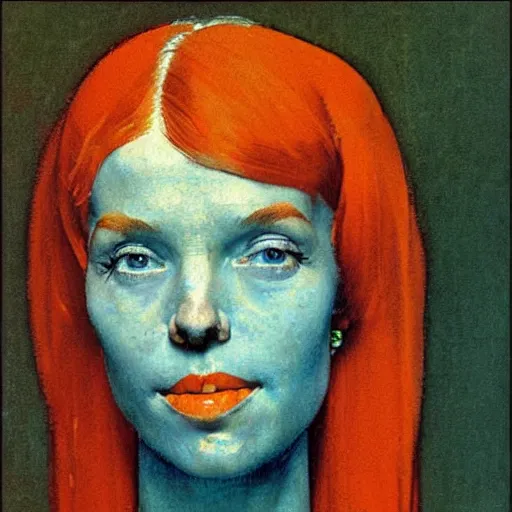 Prompt: Face portrait of a cyan woman and an orange woman. A painting by Norman Rockwell.