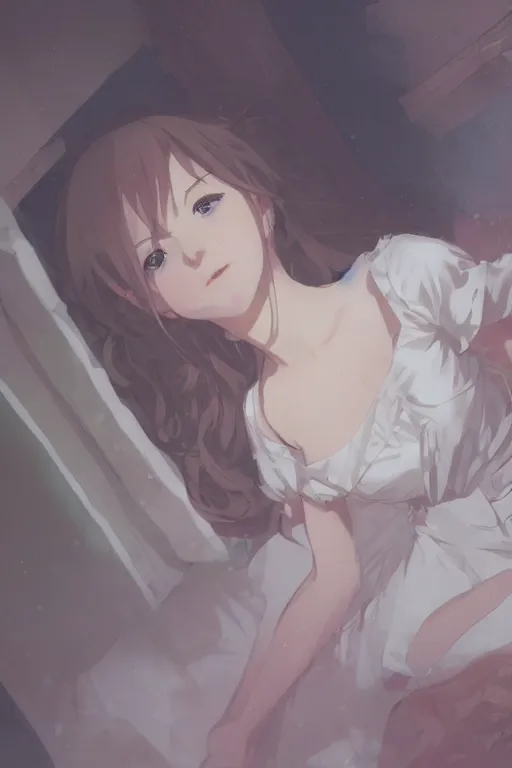 Image similar to a girl in a maid's outfit in the bedroom a night, raining outside the window, wavy white long hair, by krenz cushart and mucha and akihito yoshida and greg rutkowski and makoto shinkai, detailed eyes, 4 k resolution