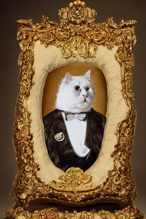 Image similar to a magnificent tintype portrait of a silly looking fluffy fat cat on an embroidered velvet cushion on a neo - rococo gilded little bed with precious stones, ball of yarn, by david lachapelle, photorealistic, photography, wide shot
