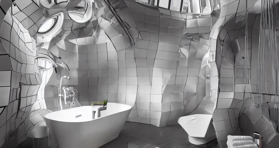 Image similar to IKEA catalogue photo of an epic cyberpunk bathroom, designed by Frank Gehry, Buckminster Fuller, Nikola Tesla, 8k, HD, realistic, cinematic