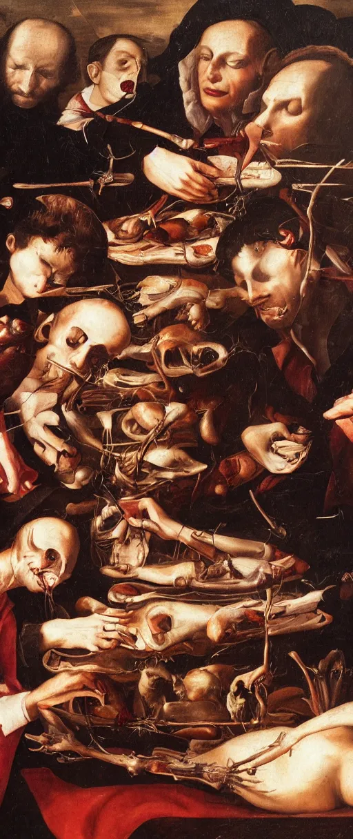 Image similar to renaissance close up studio shot oil painting of vampires at work dissecting a body for dinner