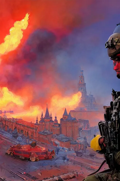 Image similar to special forces soldier with ukrainian blue and yellow patch on the foreground watching red square burn in the background, d & d, fantasy, bright atmosphere, volumetric lights, intricate, elegant, extremely detailed, digital painting, artstation, concept art, matte, smooth, sharp focus, hyper realistic, illustration, art by artgerm and greg rutkowski and alphonse mucha