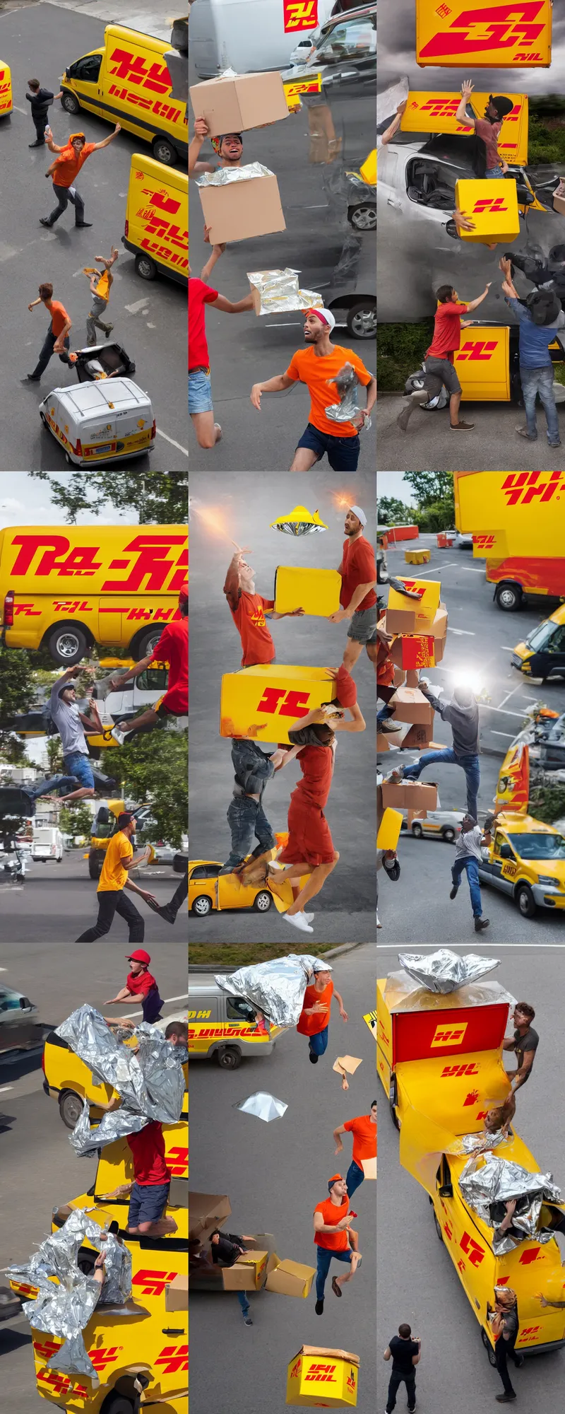 Prompt: Young man in orange t-shirt and tin-foil hat on a head being abducted by UFO from his delivery DHL van