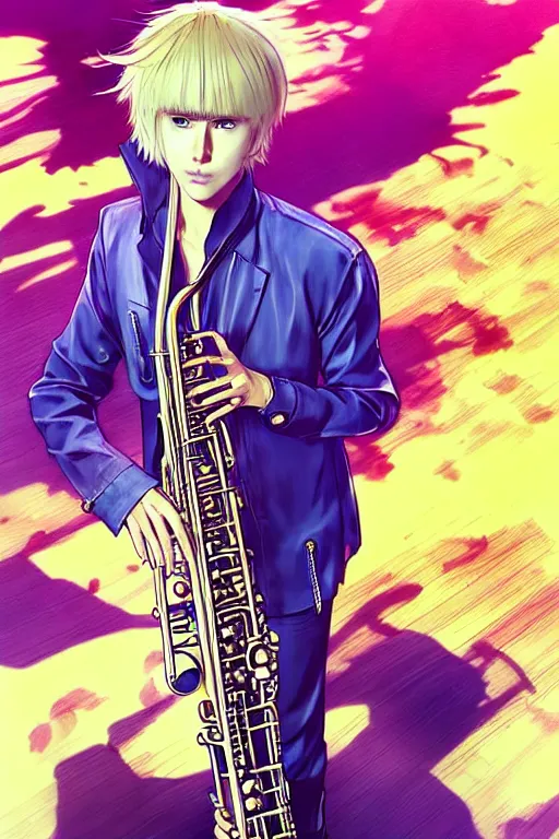 Image similar to wide view of a hippie Blonde Guy Short Hair Sharp fine face playing sax, pretty face, realistic shaded Perfect face, fine details. Anime. by makoto sinkai, katsuhiro otomo ghost in the shell movie scene, magali villeneuve, artgerm, rutkowski