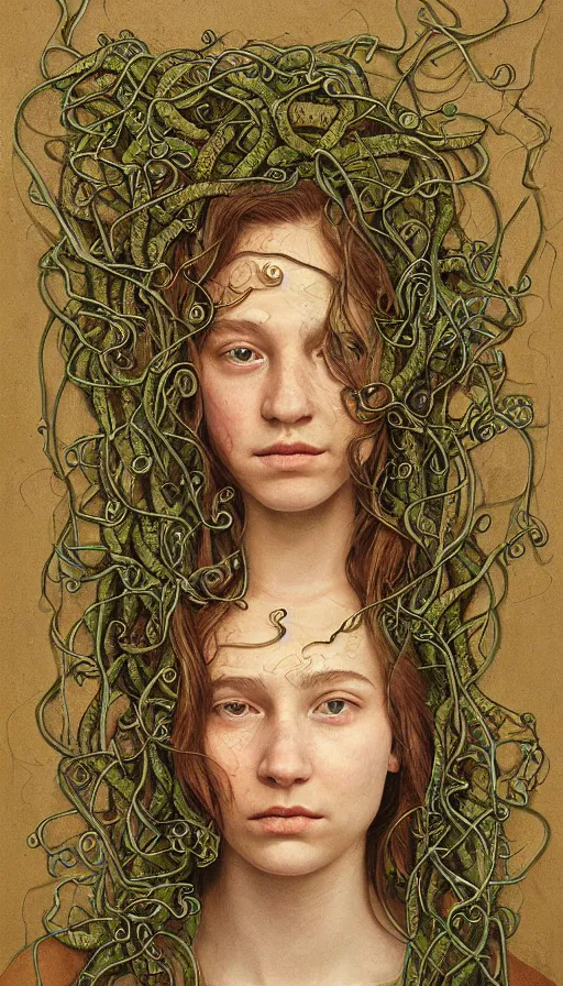Prompt: very detailed portrait of a 2 0 years old girl surrounded by tentacles, the youg woman visage is blooming from fractal and vines, by dan witz