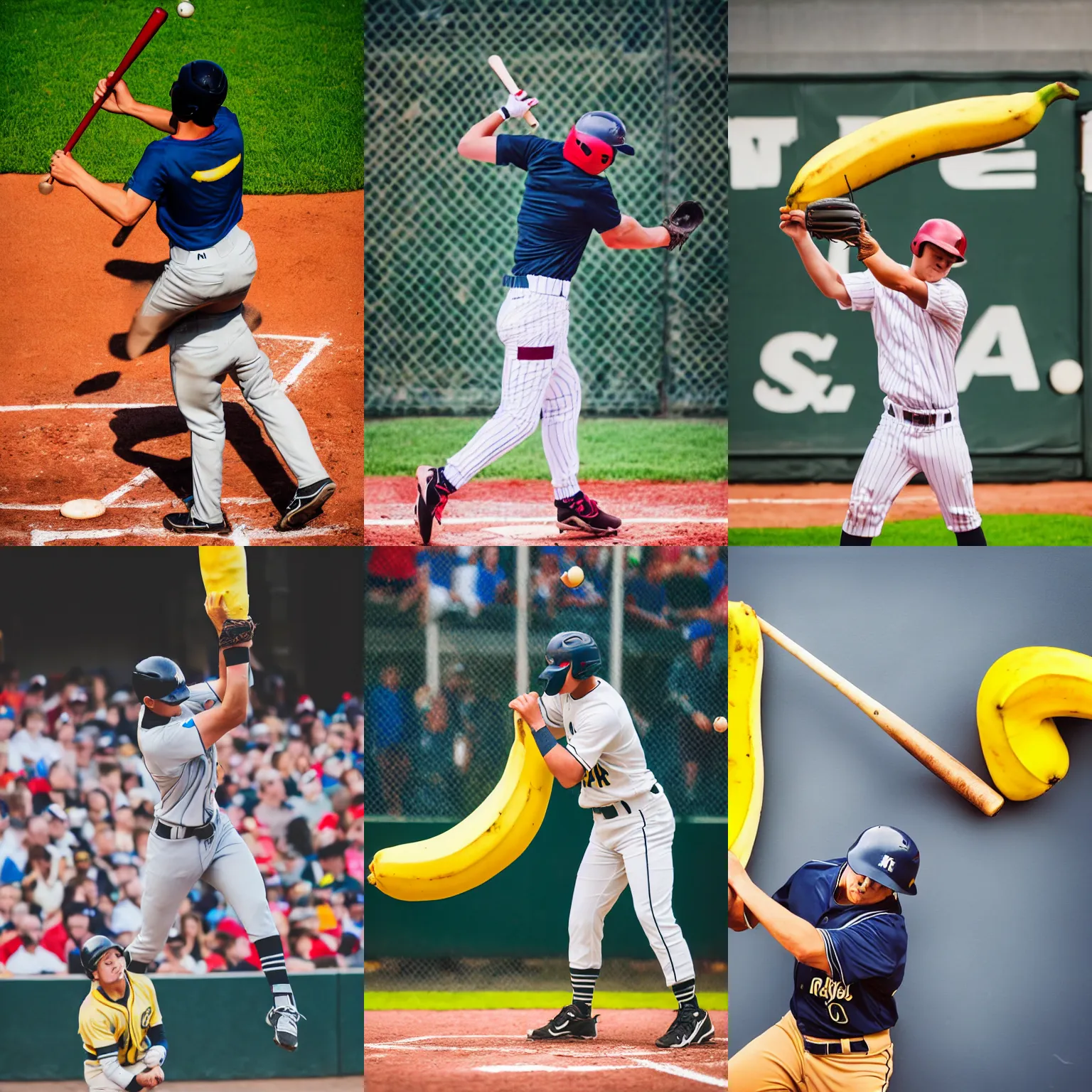 Prompt: a baseball player hitting the ball with a giant banana instead of a baseball bat, sports photography, Nikon 200mm, high quality