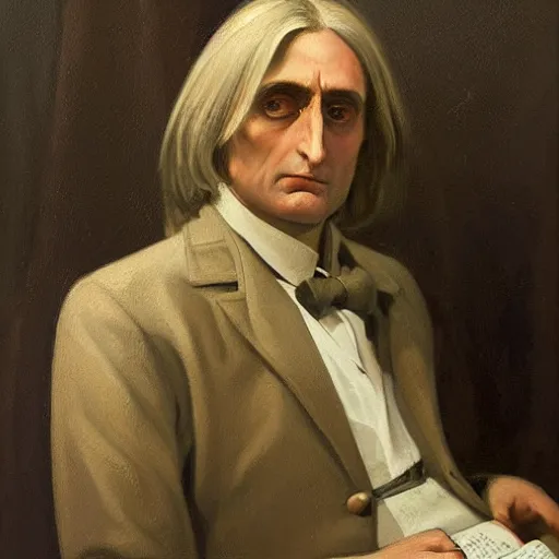 Prompt: portrait of the pianist franz liszt in the style of pietro annigoni, 1 9 5 5, oil on canvas, national portrait gallery