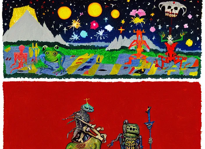 Prompt: pixel decollage painting tarot fool card composition trash can toter with red armor maggot bear and wonky alien frog skeleton knight on a horse in a dark red cloudy night sky with golden foil jewish stars and diamonds, mountain lake and blossoming field in background, painted by Mark Rothko, Helen Frankenthaler, Danny Fox and Hilma af Klint, pixelated, neo expressionism, semi naive, pastel colors, cinematic, color field painting, cave painting, voxel, pop art look, outsider art, minimalistic. Bill Traylor painting, part by Philip Guston and Francis Bacon. art by Adrian Ghenie, very coherent symmetrical artwork, cinematic, hyper realism, high detail, octane render, unreal engine, Smooth gradients, depth of field, full body character drawing, extremely detailed, 8k, extreme detail, intricate detail, masterpiece
