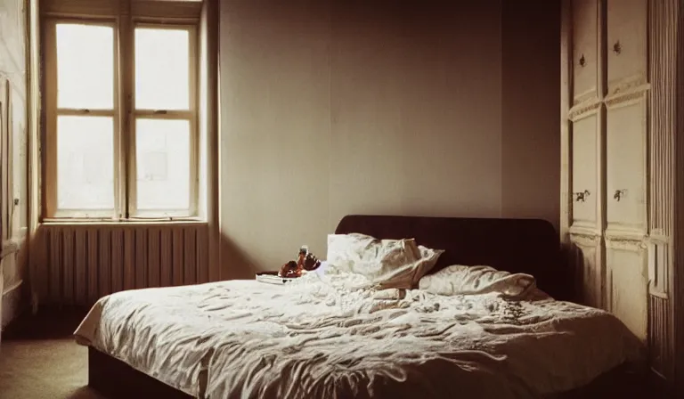 Prompt: A bedroom designed by Hugo Comte, 35mm film, long shot