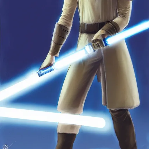 Image similar to full body Over-the-Shoulder Shot of a young blonde male jedi with short hair with his blue lightsaber is ignited illuminating him and the scene, concept art by Doug Chiang cinematic concept art, realistic painting, high definition, digital art, matte painting, symmetrical, very detailed, realistic, dramatic lighting, cinematic, establishing shot, extremely high detail, photo realistic, cinematic lighting, post processed, concept art, artstation, matte painting, red color scheme, the Mandalorian concept art style