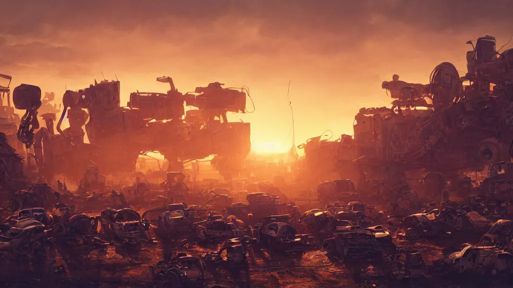 Image similar to a Photorealistic hyperrealistic render of a Robot Junkyard full of weathered and well worn down Robots by PIXAR,Greg Rutkowski,WLOP,Artgerm,dramatic moody sunset lighting,long shadows,Volumetric, cinematic atmosphere, Octane Render,Artstation,8k