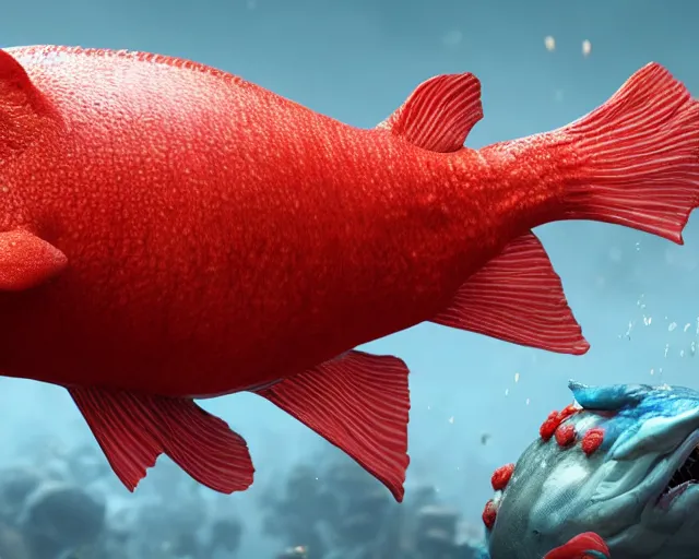 Prompt: of a very beautiful scene. ambient occlusion render. a sweet fat old woman is giving birth to a huge colorful fish. hyper realistic. 4 k. wide angle. red mouth, blue eyes. deep focus, lovely scene. ambient occlusion render. concept art. unreal engine.