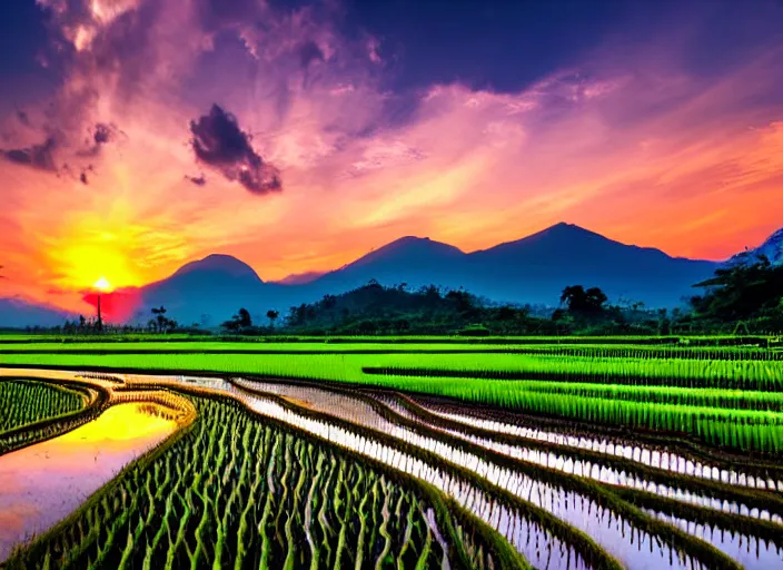 Prompt: a road between rice paddy fields, two big mountains in the background, big yellow sun rising between 2 mountains, indonesia national geographic, white cranes flying, award winning dramatic photography