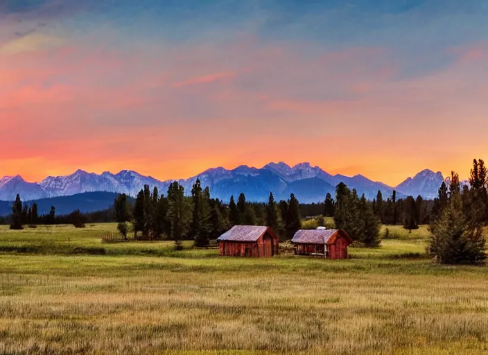 Prompt: watercolor cabin in a field with rocky mountains as a backdrop, sun setting