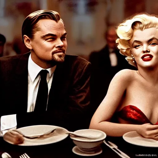 Image similar to leonardo dicaprio and marilyn monroe at a paris restaurant in 2 0 2 2, hyper realistic, ultra detailed, 8 k, cinematic