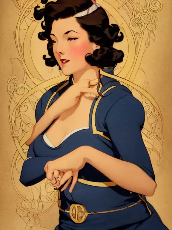 Image similar to korra, a beautiful art nouveau portrait by Gil elvgren, 1920s city environment, centered composition, defined features, golden ratio, gold jewlery, photorealistic professional lighting, cinematic