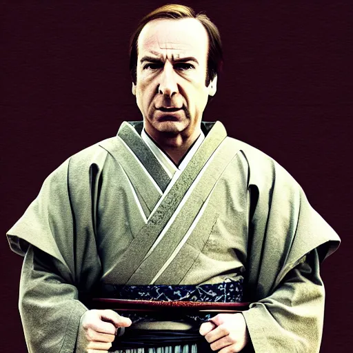 Image similar to saul goodman from breaking bad wearing samurai armor and holding a katana in feudal japan, 4 k, hyper realistic, ink block painting, edo period