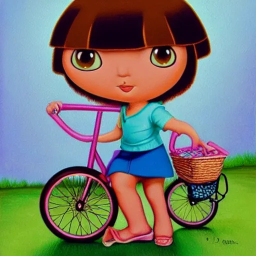 Image similar to Dora The Explorer on a tricycle, lowbrow painting by Mark Ryden