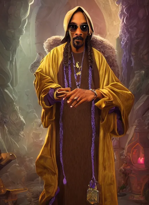 Image similar to snoop dogg as a mage, short beard, grumpy, intricate purple robes, Ivan Aivakovsky, Boris Vallejo, epic fantasy character art, D&D Concept Art, full length, ultra Realistic, Regal, Refined, Detailed Digital Art, Exquisite detail, post-processing, masterpiece, Cinematic Lighting, Unreal Engine, 8k, HD,