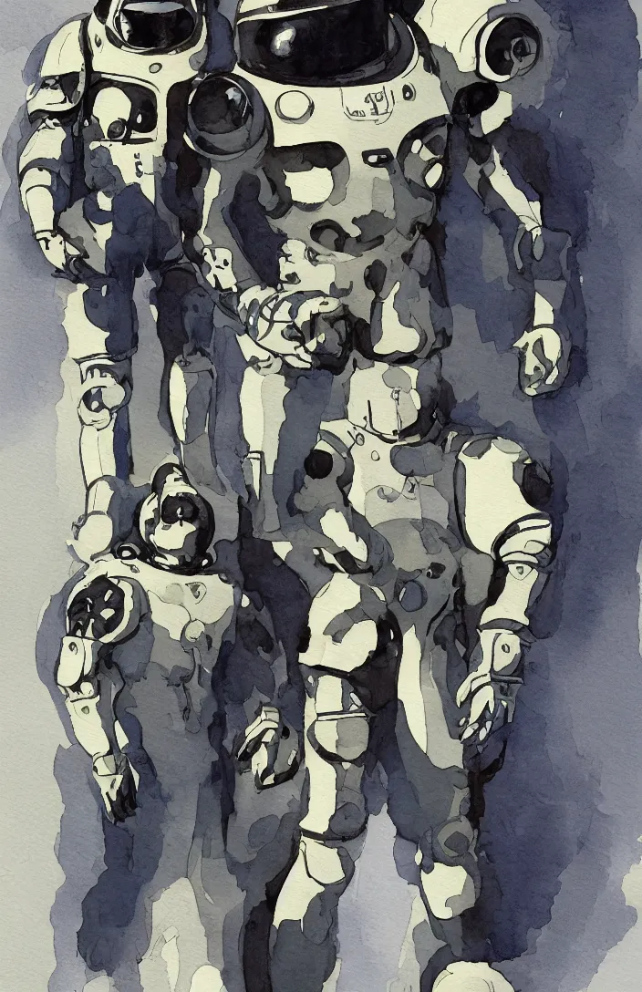 Image similar to male, full body, modern space suit, very stylized character design, large shoulders, short torso, long thin legs, tiny feet, character sheet, science fiction, hyperdetailed, technical suit, space marine, watercolor digital painting, by mike mignola, by alex maleev, jean giraud, painted by leyendecker