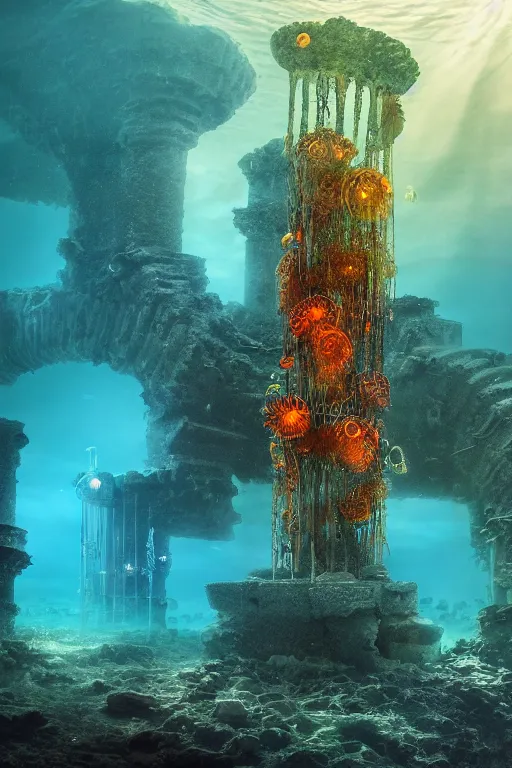 Prompt: high quality sharp photo of cinematic underwater dystopian byzantine city ruins with giant bioluminescent multicolor mutant plants and cyborg jellyfish, digital art masterpiece, aykut aydogdu eric zener, very dramatic volumetric light, long shot, ground angle uhd 8 k, deep focus