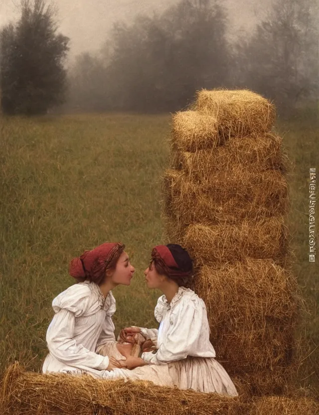 Image similar to two peasant girl secretly kiss hiding over a stack of hay lolita style, Cottage core, Cinematic focus, Polaroid photo, vintage, neutral colors, soft lights, foggy, by Steve Hanks, by Serov Valentin, by Andrei Tarkovsky, by Terrence Malick, 8k render, detailed, oil on canvas