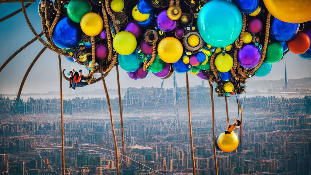 Prompt: large colorful futuristic space age metallic steampunk balloons with pipework and electrical wiring around the outside, and people on rope swings underneath, flying high over the beautiful futuristic city landscape, professional photography, 8 0 mm telephoto lens, realistic, detailed, photorealistic, photo journalism