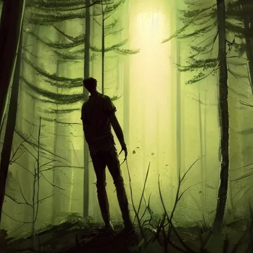 Image similar to concept art by greg rutkowski, a very tall and slender young man, frightened, surrounded by fireflies, in the middle of a forest of giant trees, detailed portraits, disturbing atmosphere, uncanny green lighting, scifi, digital painting, artstation, concept art, smooth, sharp foccus ilustration, artstation hq