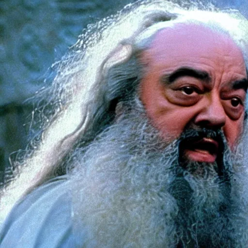 Image similar to film still of luciano pavarotti as gandalf in balrog scene in lord of the rings 2 0 0 1