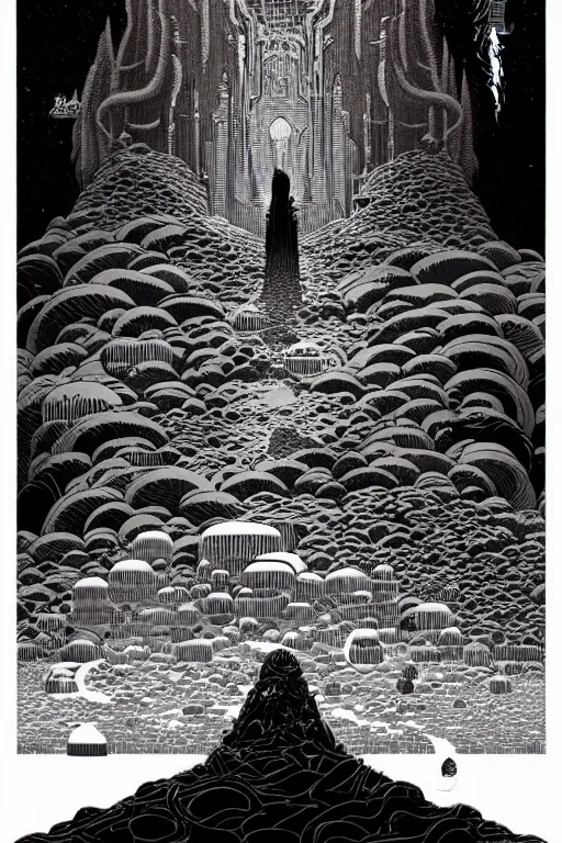 Prompt: underworld throne by nicolas delort, moebius, victo ngai, josan gonzalez, kilian eng