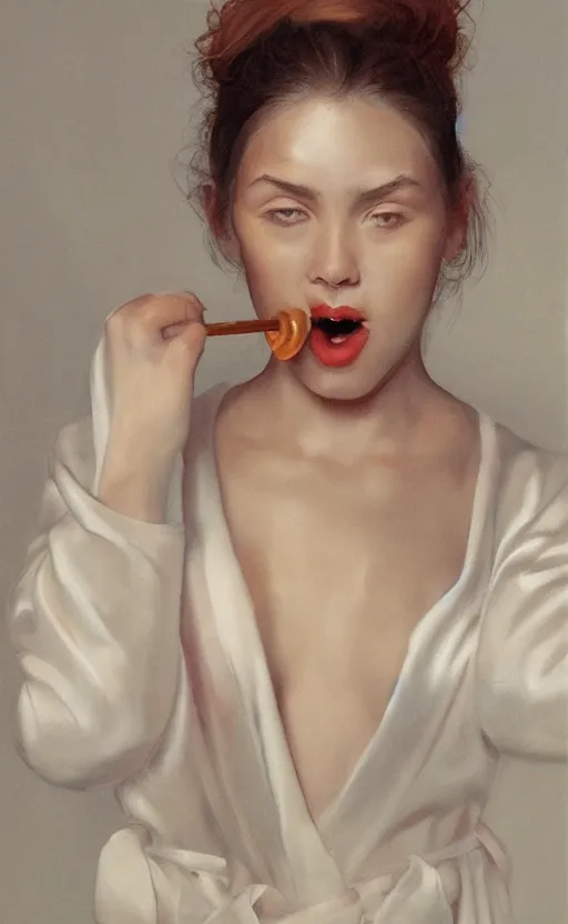 Image similar to portrait of a girl, in a silk robe, honey dripping down her top to bottom, petrolium coming out of her mouth, hyperrealistic, hightech