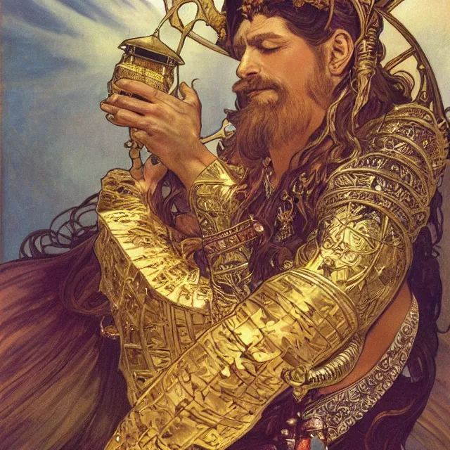 Image similar to an aesthetic! a detailed portrait of a man in a long beard, in golden armor, with a crown, holding a lantern with stacks of gold in the background, by frank frazetta and alphonse mucha, oil on canvas, art nouveau dungeons and dragons fantasy art, hd, god rays, ray tracing, crisp contour lines, huhd