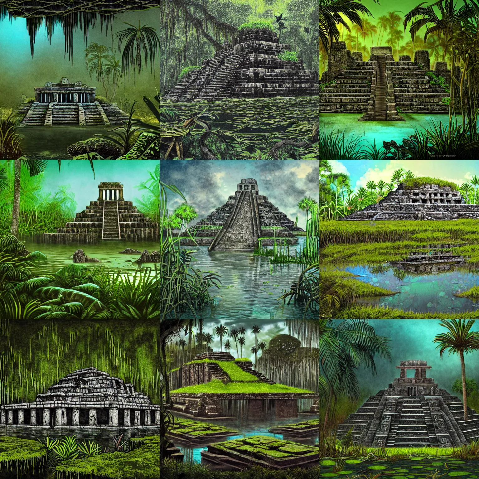 Prompt: a sunken aztec temple in the florida everglades, partly underwater, moss, vines, dark, creepy, in a historical illustration style, detailed