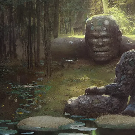 Prompt: stone golem resting beside a pond inside a forest, stone elemental, oil painting, by Greg Rutkowski