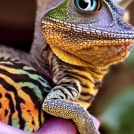 Image similar to photo of a cat and chameleon best friends