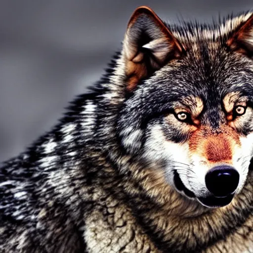 Image similar to close up portrait photo of an angry wolf, 8k,