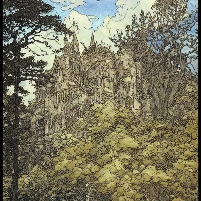 Prompt: a building in a landscape, by rebecca guay