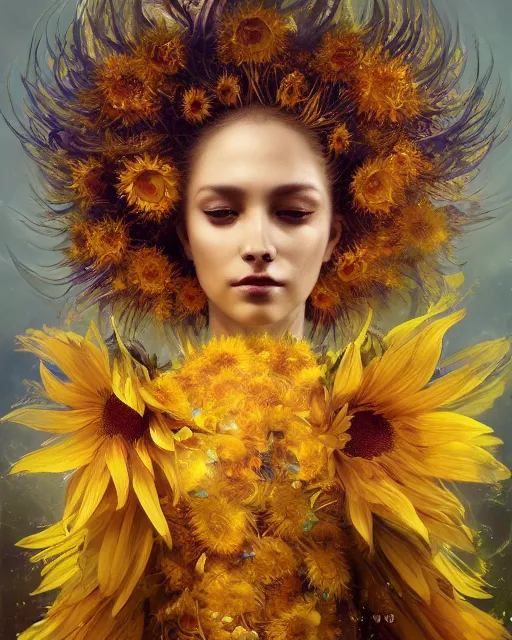 Image similar to Full View Portrait Mystical ethereal sunflower deity wearing beautiful dress, sunflower Dryad beautiful dress, 4k digital masterpiece by Greg Rutkowski and Ruan Jia and rossdraws, Alberto Seveso, fantasycore, Hyperdetailed, realistic oil on linen, soft lighting, Iconography background, featured on Artstation