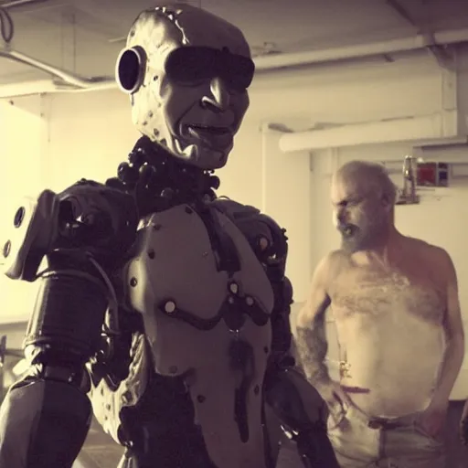 Image similar to cyberpunk buff old man fighting Deadcode humanoid robot Emmanuel Lubezki