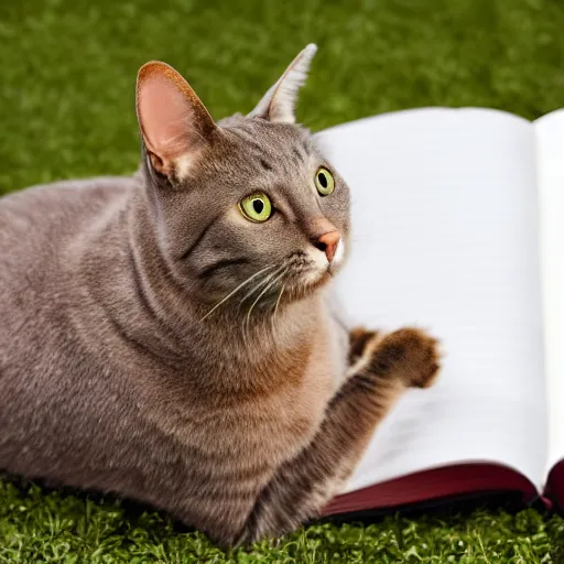 Image similar to a photo of a cat rabbit studying for an exam