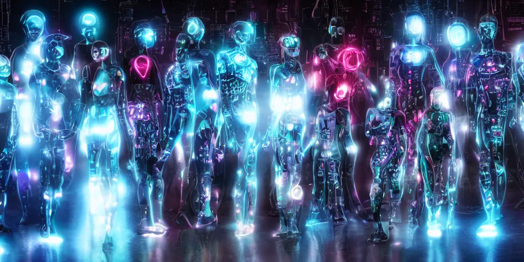 Image similar to diverse groups of cyborgs with glowing electronic bodies, from behind, rebirth, beauty, wide angle, elaborate, wet, highly detailed, colors, beautiful lighting