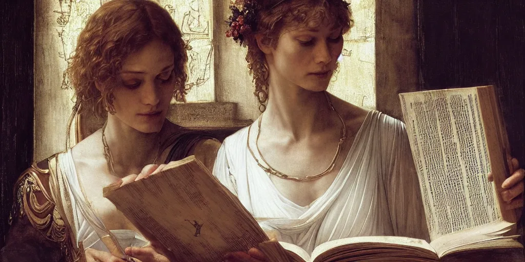 Prompt: masterpiece contrite conundrum, beautiful Helen of Troy/Diane Kruger reading an ancient tome, by Edgar Maxence and Caravaggio and Michael Whelan and Caravaggio artistic, intricate drawing, light brazen, realistic fantasy, extremely detailed and beautiful aesthetic face, establishing shot, 8k resolution, dramatic lighting