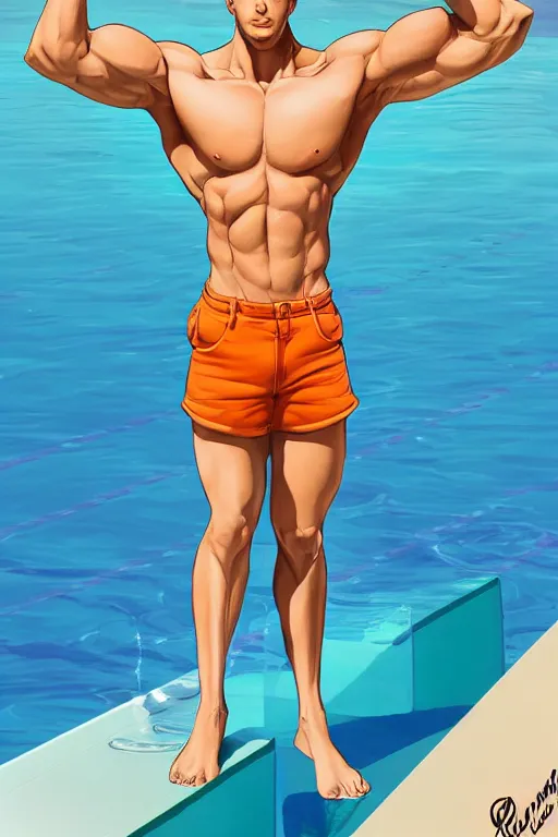 Image similar to a handsome man with blonde hair, ken doll, muscular, wearing a cut-off white top and short light orange shorts, stands by a swimming pool, facing forward, in the style of artgerm and moebius and annie liebovitz, photorealistic, highly detailed, trending on artstation