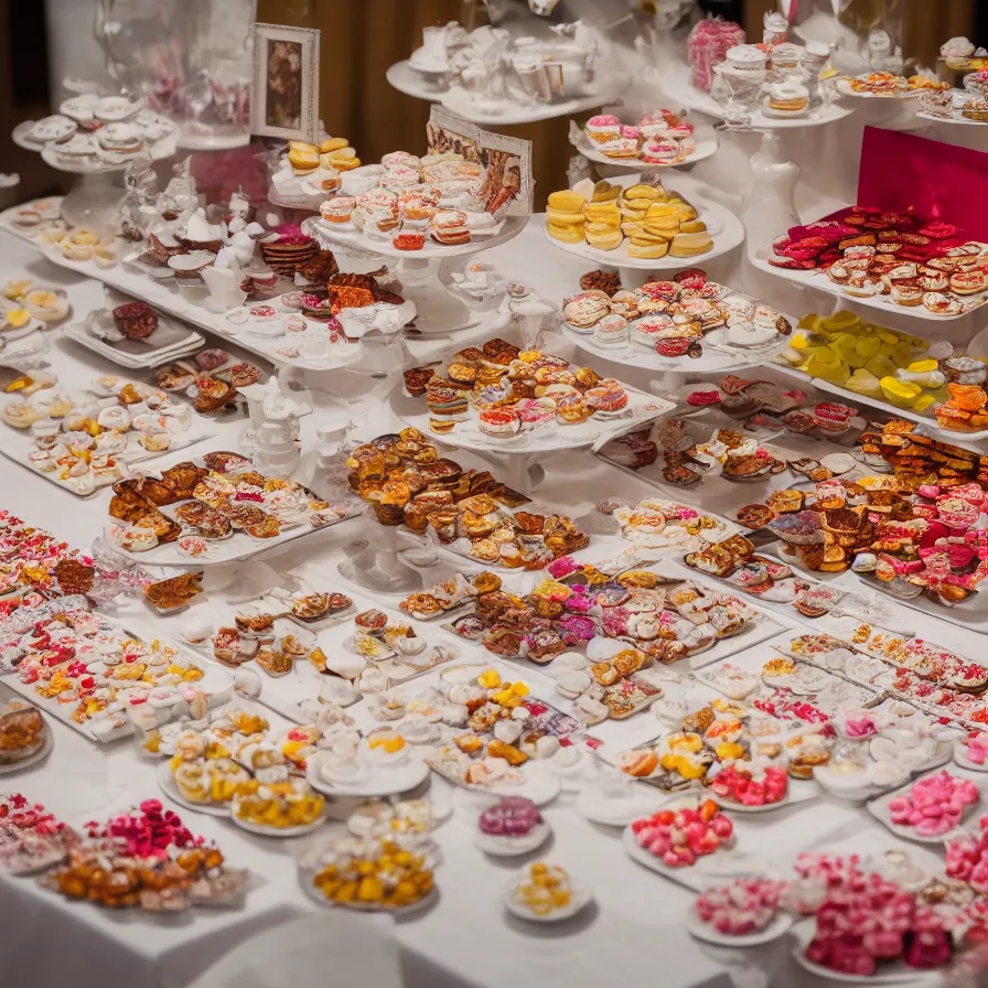 Image similar to a table with a white map full of sweets and bite sized deserts. highly detailed 8 k. intricate. nikon d 8 5 0 3 0 0 mm. award winning photography.