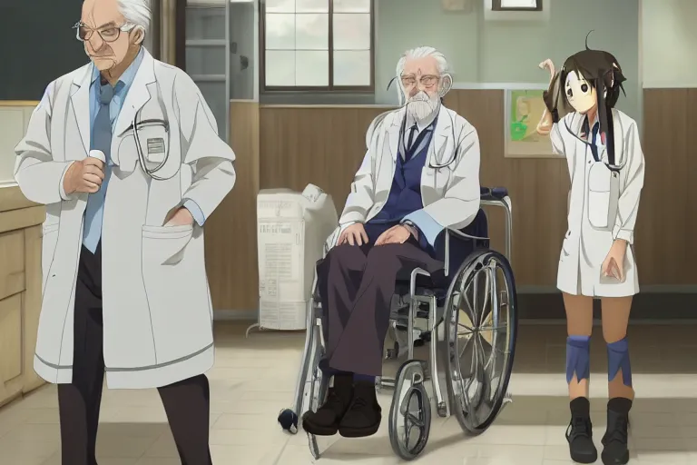 Image similar to a cute young female doctor wearing white coat, an old man of 80 years in a wheelchair, hospital ward, slice of life anime, cinematic, realistic, highly detailed, 8kHDR, anime scenery by Makoto shinkai