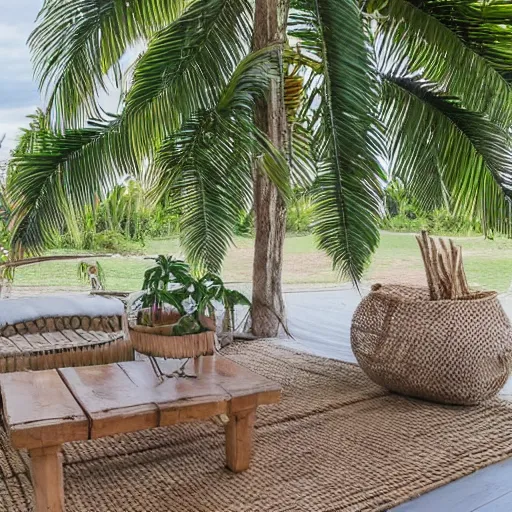 Prompt: a great farmhouse with palm trees and a hamock