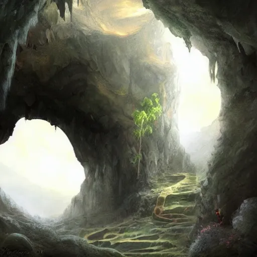 Image similar to beautiful matte painting of a fantasy cave entrance