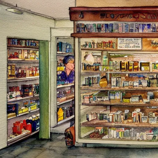Prompt: bustling busy small shop shelves neat cannabis samples interior design, aussie, environment portrait watercolor drawing by steve hanks, australia tv still render by pixar