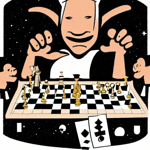 Prompt: cartoon image of a giant in a tinfoil hat playing chess with aliens