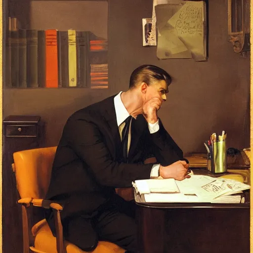 Image similar to man in desk with coffee and black suit by leyendecker and dean cornwell, 5 feet distance from the camera, 6 0 ´ s furniture